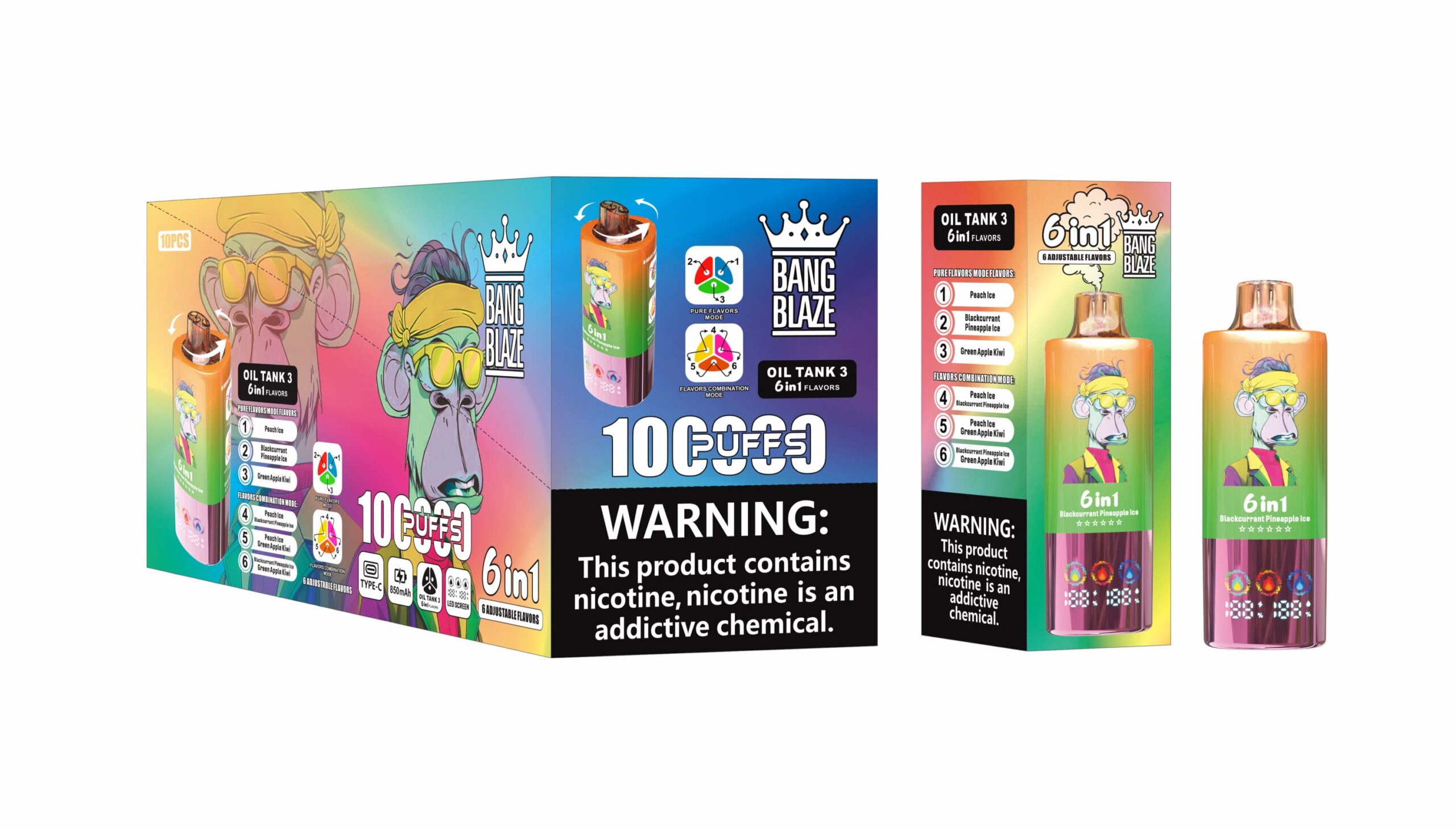 Bang Blaze 100K Puffs 6in1 Vape – 60ML  Triple Oil Tanks  6 Flavors  Type-C Rechargeable  0–5% Nicotine  Pure & Mix Modes