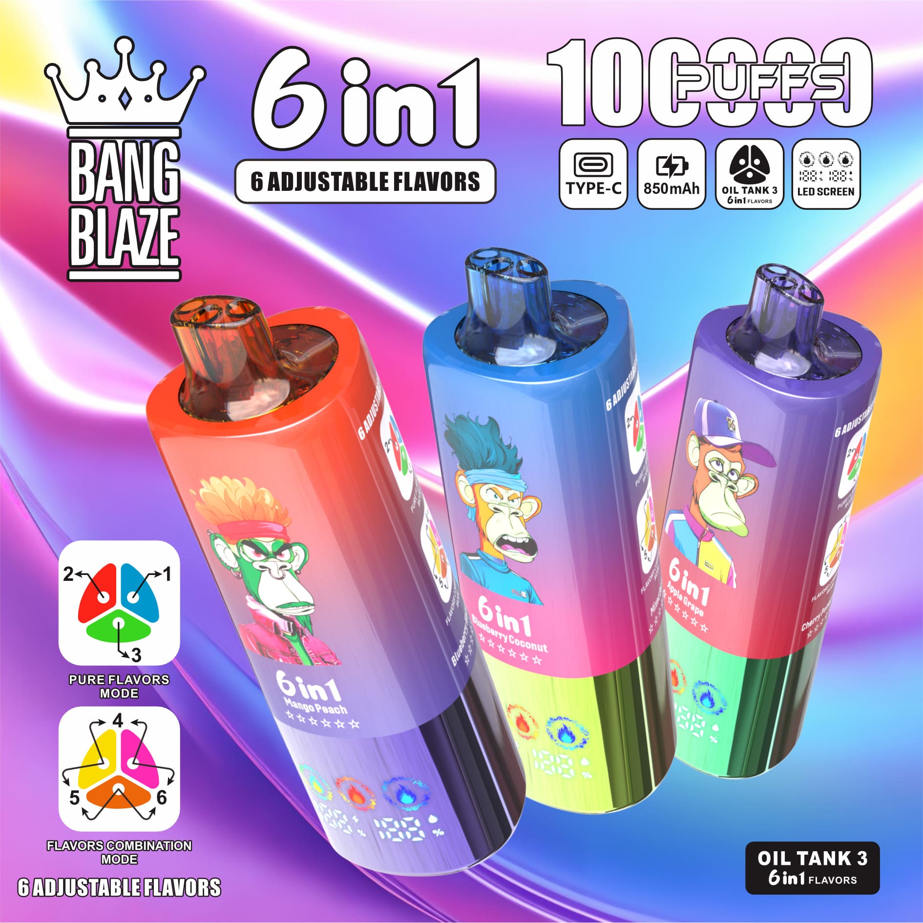 BANG BLAZE 6in1フレーバー 100000puff 切り替え式 Bang Blaze 100K Puffs 6in1 Vape – 60ML Triple Oil Tanks 6
