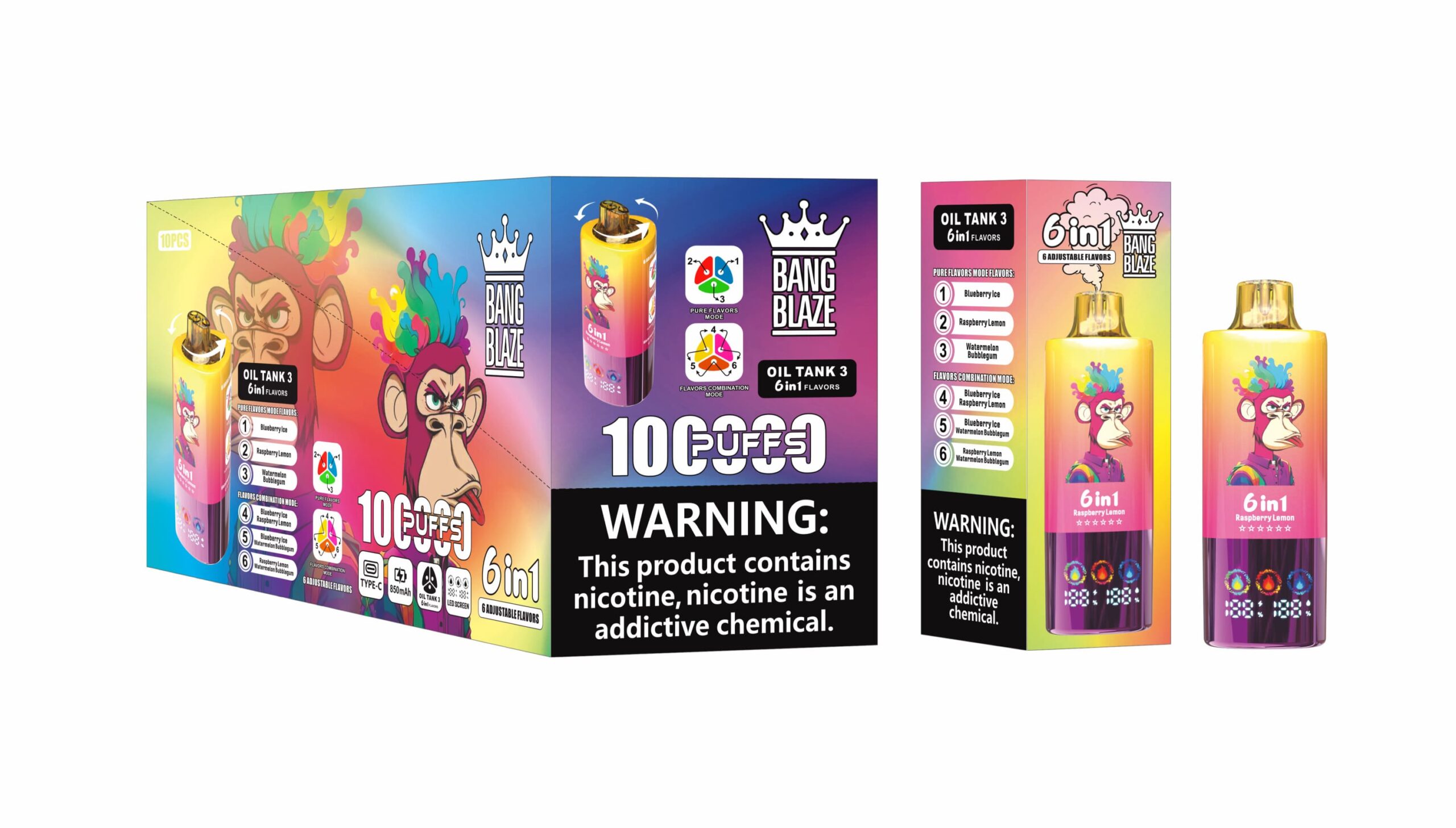 BANG BLAZE 6in1フレーバー 100000puff 切り替え式 Bang Blaze 100K Puffs 6in1 Vape – 60ML Triple Oil Tanks 6