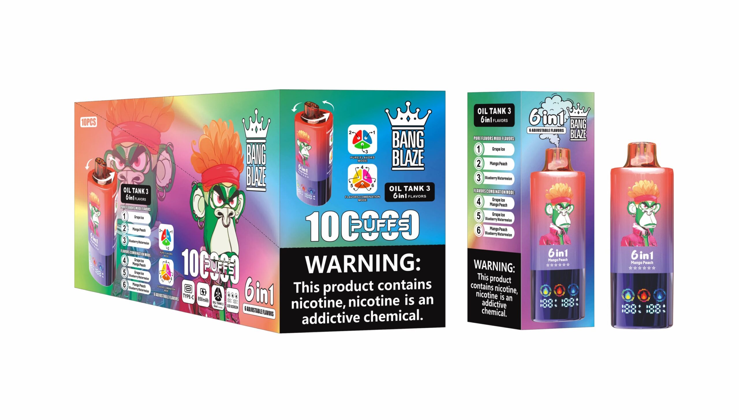 Bang Blaze 100K Puffs 6in1 Vape – 60ML  Triple Oil Tanks  6 Flavors  Type-C Rechargeable  0–5% Nicotine  Pure & Mix Modes