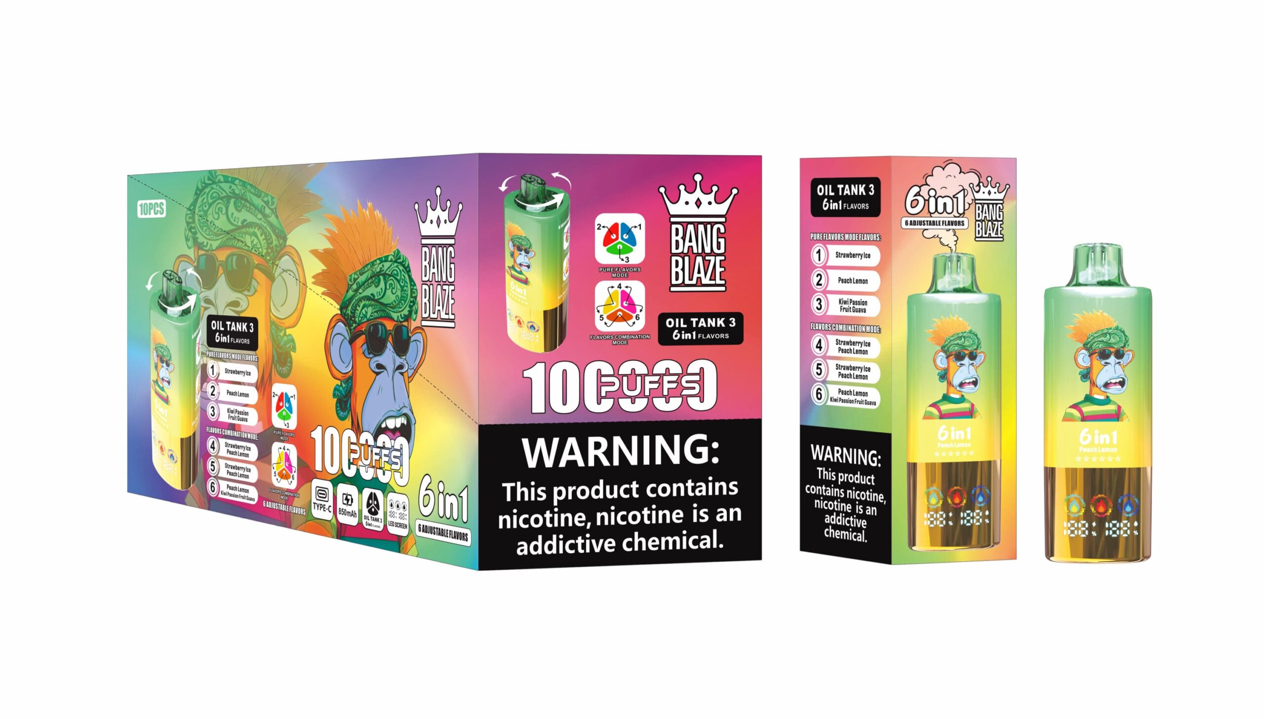 Bang Blaze 100K Puffs 6in1 Vape – 60ML  Triple Oil Tanks  6 Flavors  Type-C Rechargeable  0–5% Nicotine  Pure & Mix Modes