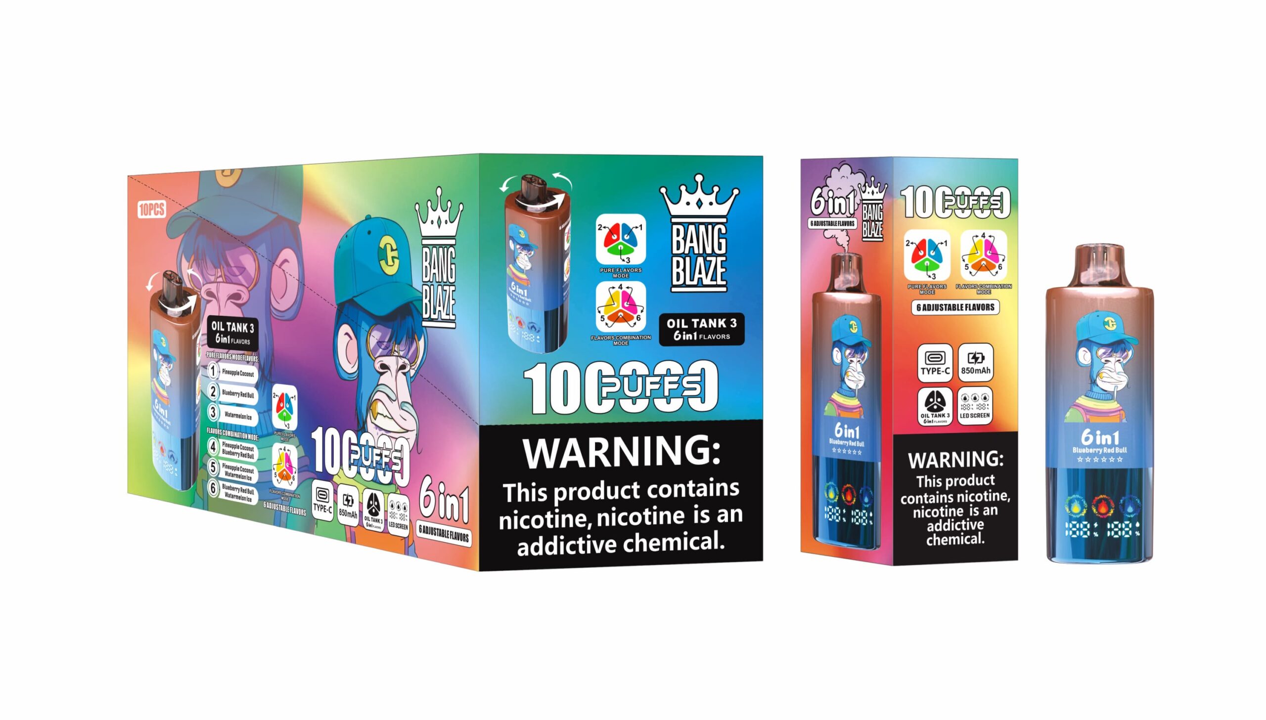 BANG BLAZE 6in1フレーバー 100000puff 切り替え式 Bang Blaze 100K Puffs 6in1 Vape – 60ML Triple Oil Tanks 6