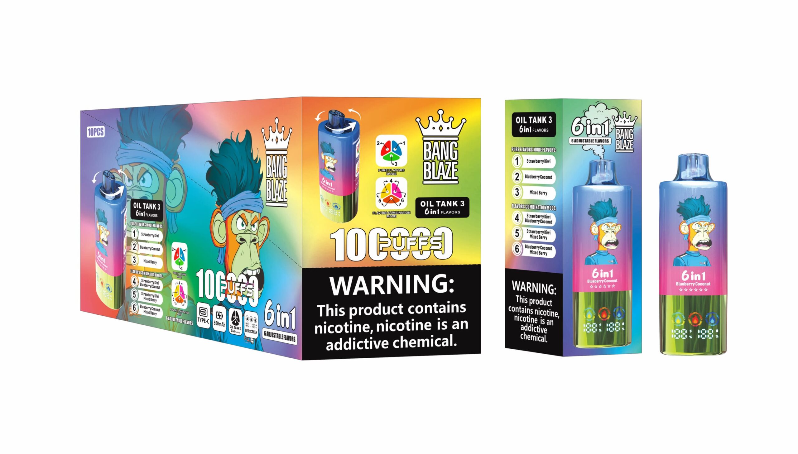 Bang Blaze 100K Puffs 6in1 Vape – 60ML  Triple Oil Tanks  6 Flavors  Type-C Rechargeable  0–5% Nicotine  Pure & Mix Modes